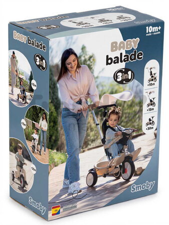 Trojkolka a kočík 2v1 s vysokou opierkou Baby Balade Tricycle Beige Smoby s brzdou slnečníkom a tichými EVA kolesami od 10 mes