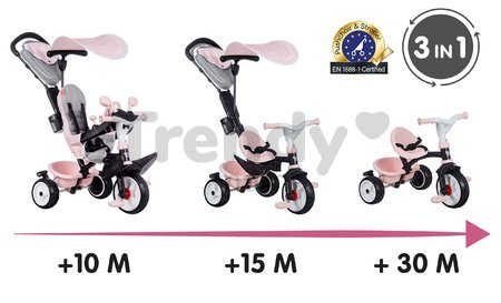 Trojkolka a kočík v jednom s brzdou Baby Driver Plus Pink Smoby s EVA kolesami a intuitívnym ovládaním ružová od 10 mes