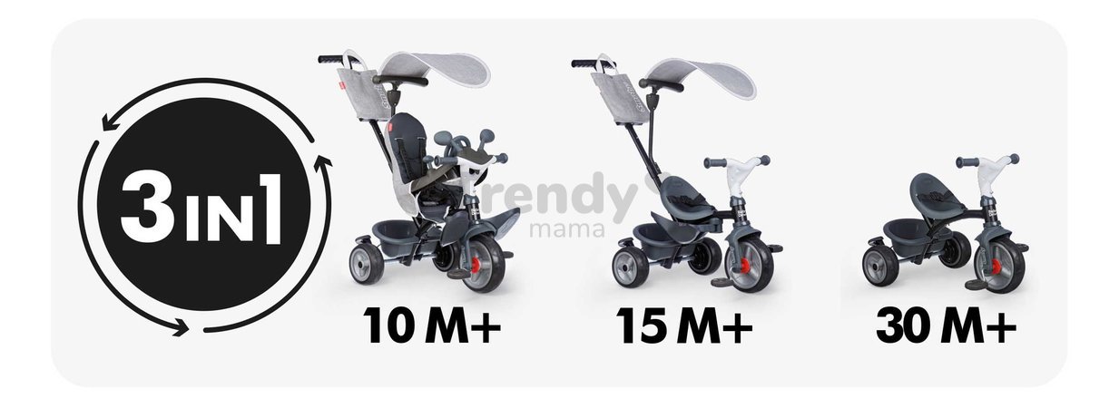 Trojkolka a kočík v jednom s brzdou Baby Driver Grey Tricycle Smoby s intuitívnym ovládaním a tichými EVA kolesami šedá od 10 mes