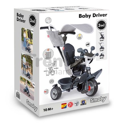 Trojkolka a kočík v jednom s brzdou Baby Driver Grey Tricycle Smoby s intuitívnym ovládaním a tichými EVA kolesami šedá od 10 mes