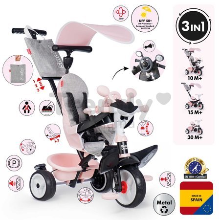 Trojkolka a kočík v jednom s brzdou Baby Driver Pink Tricycle Smoby s intuitívnym ovládaním a tichými EVA kolesami ružová od 10 mes