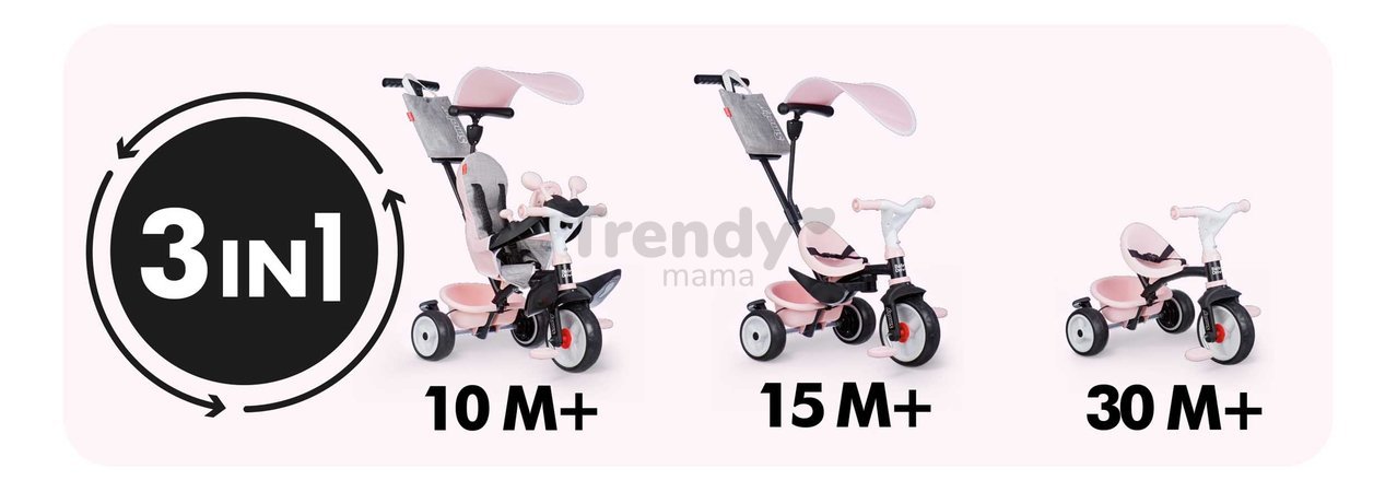 Trojkolka a kočík v jednom s brzdou Baby Driver Pink Tricycle Smoby s intuitívnym ovládaním a tichými EVA kolesami ružová od 10 mes