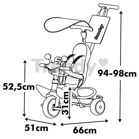 Trojkolka a kočík v jednom s brzdou Baby Driver Pink Tricycle Smoby s intuitívnym ovládaním a tichými EVA kolesami ružová od 10 mes