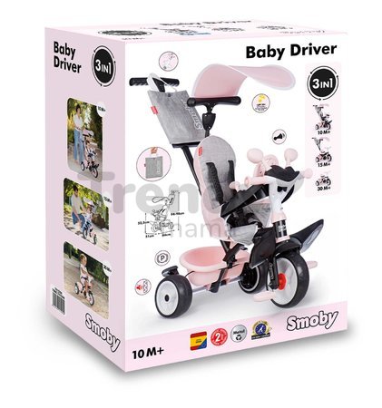Trojkolka a kočík v jednom s brzdou Baby Driver Pink Tricycle Smoby s intuitívnym ovládaním a tichými EVA kolesami ružová od 10 mes