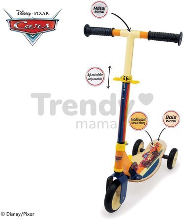 Drevená kolobežka trojkolesová Cars 3 Wheels Foldable Scooter Smoby skladacia výškovo nastaviteľná a protišmyková tichá