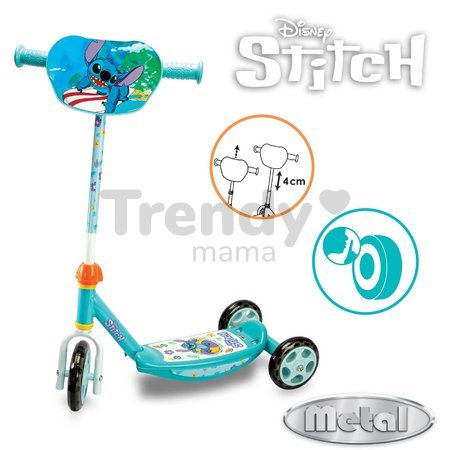 Kolobežka trojkolesová Stitch 3 Wheels Scooter Smoby protišmyková s výškovo nastaviteľnými riadidlami max. 67 cm