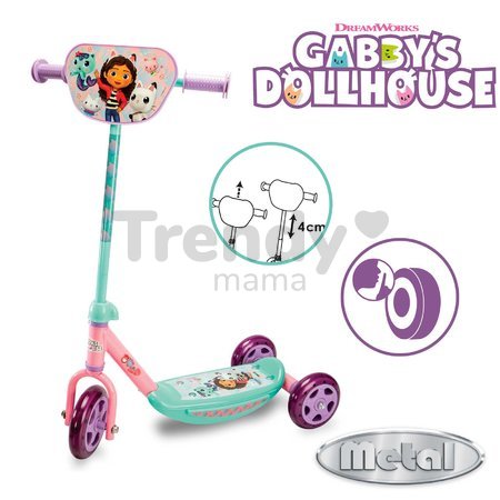 Kolobežka trojkolesová Gabby 3 Wheels Scooter Smoby protišmyková s výškovo nastaviteľnými riadidlami max. 67 cm