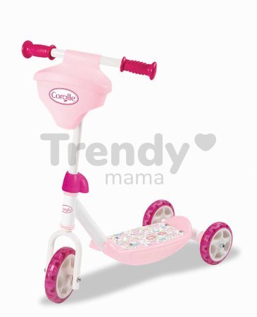 Kolobežka trojkolesová Corolle 3 Wheels Scooter Smoby protišmyková s košíkom pre bábiku a výškovo nastaviteľnými riadidlami