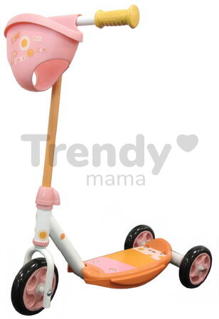Kolobežka trojkolesová s košíkom pre bábiku 3 Wheels Scooter Smoby s kovovou konštrukciou protišmyková a výškovo nastaviteľnými riadidlami