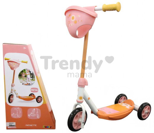Kolobežka trojkolesová s košíkom pre bábiku 3 Wheels Scooter Smoby s kovovou konštrukciou protišmyková a výškovo nastaviteľnými riadidlami