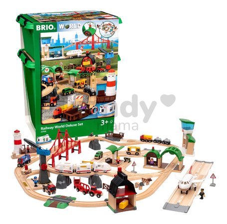 Drevená vláčikodráha s letiskom a prístavom Deluxe World Railway Set BRIO so zvukom a svetlom 106 dielov s loďou lietadlom a funkčným žeriavom