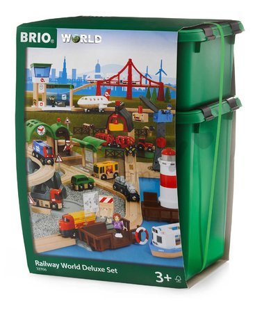Drevená vláčikodráha s letiskom a prístavom Deluxe World Railway Set BRIO so zvukom a svetlom 106 dielov s loďou lietadlom a funkčným žeriavom
