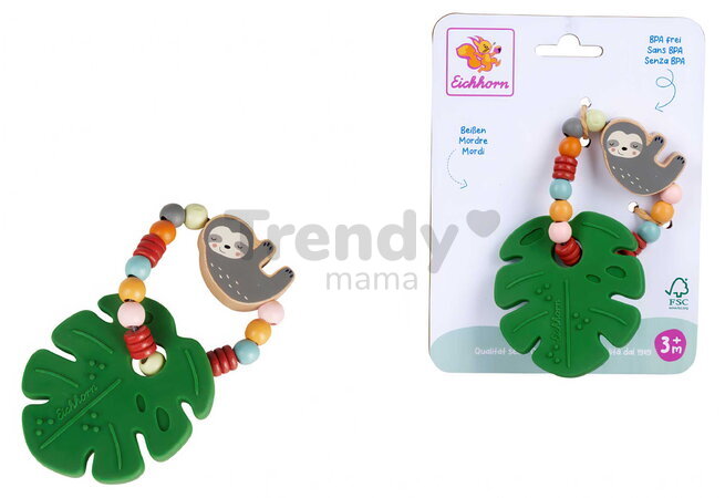 Drevená hrkálka Baby Grasping Toy Teething Leaf BeWild Eichhorn s hryzátkom v tvare listu od 3 mes