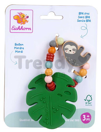 Drevená hrkálka Baby Grasping Toy Teething Leaf BeWild Eichhorn s hryzátkom v tvare listu od 3 mes