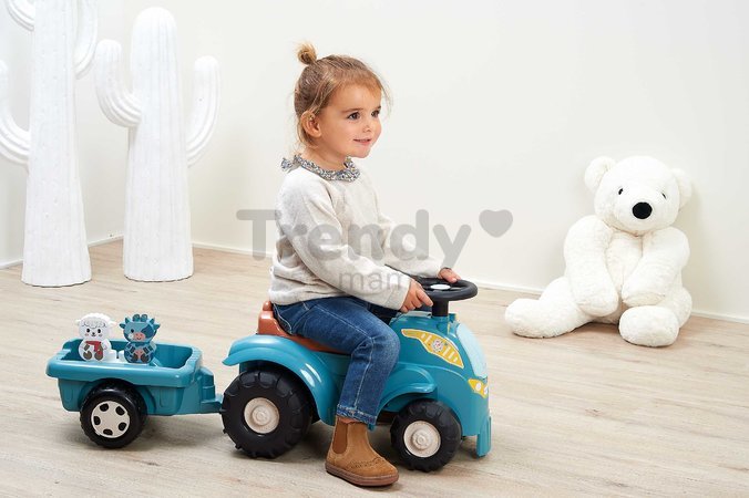 Odrážadlo traktor s prívesom BB Abrick Écoiffier s úložným priestorom pod sedadlom a otáčateľnými kolesami a kockami 15 dielov od 12 mes