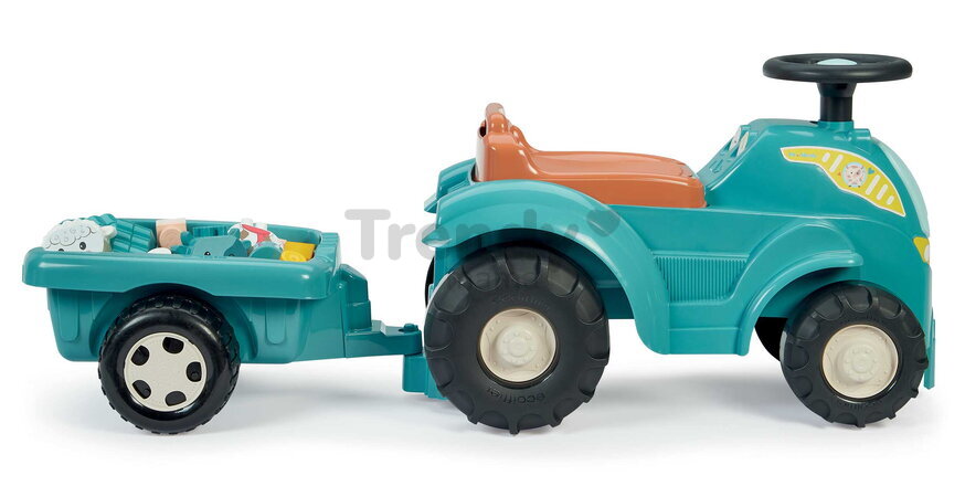 Odrážadlo traktor s prívesom BB Abrick Écoiffier s úložným priestorom pod sedadlom a otáčateľnými kolesami a kockami 15 dielov od 12 mes