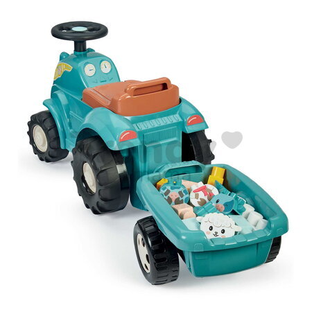 Odrážadlo traktor s prívesom BB Abrick Écoiffier s úložným priestorom pod sedadlom a otáčateľnými kolesami a kockami 15 dielov od 12 mes
