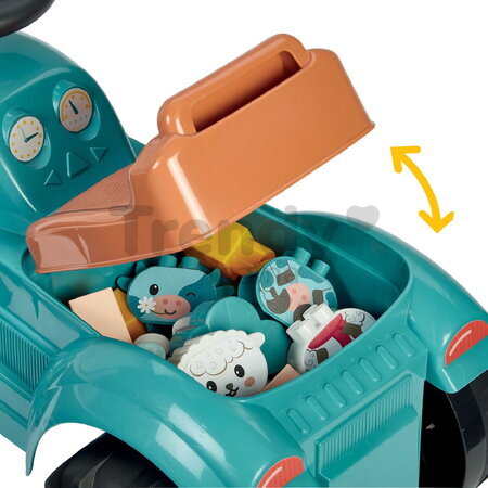 Odrážadlo traktor s prívesom BB Abrick Écoiffier s úložným priestorom pod sedadlom a otáčateľnými kolesami a kockami 15 dielov od 12 mes