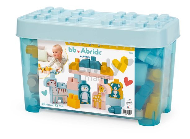 Stavebnica so zvieratkami BB Abrick Écoiffier 55 kociek v modrej dóze od 12 mes