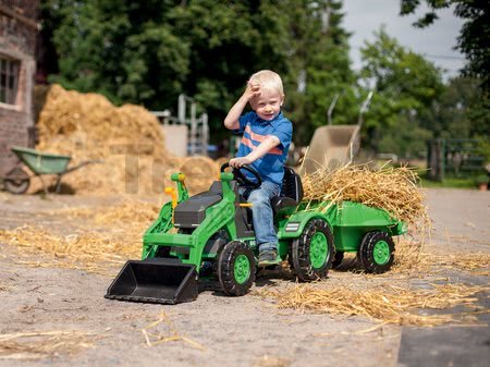 Traktor na šliapanie Jim Loader BIG s nakladačom a prívesom zelený