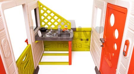 Domček Priateľov priestranný Neo Friends House Smoby so záhradkou rozšíriteľný 2 dvere 6 okien a piknik stolík 172 cm výška s UV filtrom