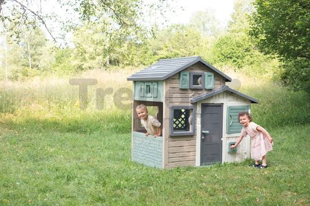 Domček Priateľov ekologický v prírodných farbách Friends Evo Playhouse Green Smoby rozšíriteľný 2 dvere 6 okien z recyklovaného materiálu s UV filtrom