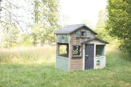 Domček Priateľov ekologický v prírodných farbách Friends Evo Playhouse Green Smoby rozšíriteľný 2 dvere 6 okien z recyklovaného materiálu s UV filtrom