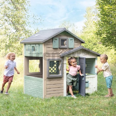 Domček Priateľov ekologický v prírodných farbách Friends Evo Playhouse Green Smoby rozšíriteľný 2 dvere 6 okien z recyklovaného materiálu s UV filtrom