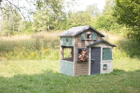 Domček Priateľov ekologický v prírodných farbách Friends Evo Playhouse Green Smoby rozšíriteľný 2 dvere 6 okien z recyklovaného materiálu s UV filtrom