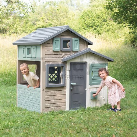 Domček Priateľov ekologický v prírodných farbách Friends Evo Playhouse Green Smoby rozšíriteľný 2 dvere 6 okien z recyklovaného materiálu s UV filtrom