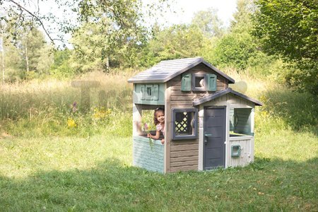 Domček Priateľov ekologický v prírodných farbách Friends Evo Playhouse Green Smoby rozšíriteľný 2 dvere 6 okien z recyklovaného materiálu s UV filtrom