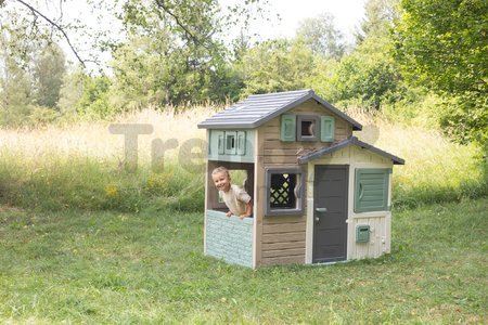 Domček Priateľov ekologický v prírodných farbách Friends Evo Playhouse Green Smoby rozšíriteľný 2 dvere 6 okien z recyklovaného materiálu s UV filtrom