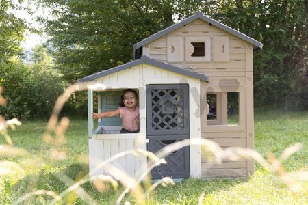 Domček Priateľov ekologický v prírodných farbách Friends Evo Playhouse Green Smoby rozšíriteľný 2 dvere 6 okien z recyklovaného materiálu s UV filtrom
