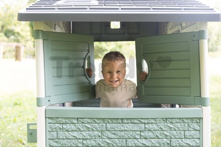 Domček Priateľov ekologický v prírodných farbách Friends Evo Playhouse Green Smoby rozšíriteľný 2 dvere 6 okien z recyklovaného materiálu s UV filtrom