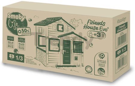Domček Priateľov ekologický v prírodných farbách Friends Evo Playhouse Green Smoby rozšíriteľný 2 dvere 6 okien z recyklovaného materiálu s UV filtrom