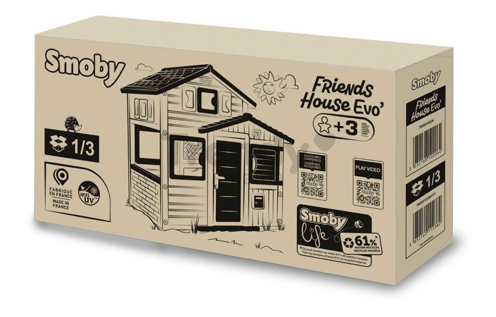 Domček Priateľov s uzamykateľnými dverami a poštovou schránkou Friends Evo Playhouse Life Smoby rozšíriteľný zadné polovičné dvere 6 okien s UV filtro