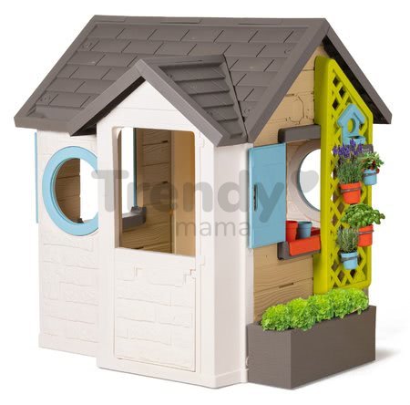 Domček pre záhradníka s kvetináčmi Garden House Life Smoby rozšíriteľný s odkvapom a mriežka s kŕmidlom pre vtáčiky 135 cm s UV filtrom od 24 mes - mo
