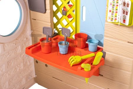 Domček pre záhradníka s kvetináčmi Garden House Life Smoby rozšíriteľný s odkvapom a mriežka s kŕmidlom pre vtáčiky 135 cm s UV filtrom od 24 mes - mo