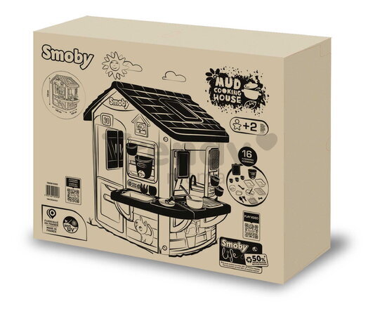 Domček s pracovným pultom pre záhradníka so 16 doplnkami Mud Cooking House Life Smoby rozšíriteľný s 2 dverami a funkčnou nádržou na vodu s UV filtrom