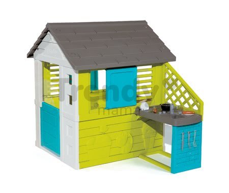 Domček s kuchynkou Pretty Blue Smoby modro-zelený 3 okná s 2 žalúziami a 2 posuvné okenice s UV filtrom a 17 doplnkov od 2 rokov