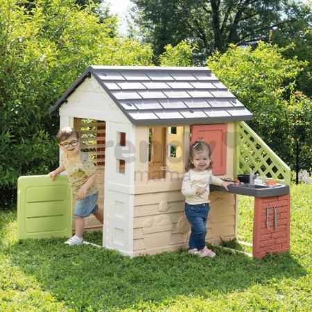Domček s kuchynkou a 17 doplnkov Nature Playhouse&Kitchen Life Smoby rozšíriteľný 3 okná s 2 žalúziami a posuvnými okenicami s UV filtrom od 24 mes - 