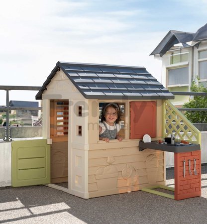 Domček s kuchynkou a 17 doplnkov Nature Playhouse&Kitchen Life Smoby rozšíriteľný 3 okná s 2 žalúziami a posuvnými okenicami s UV filtrom od 24 mes - 