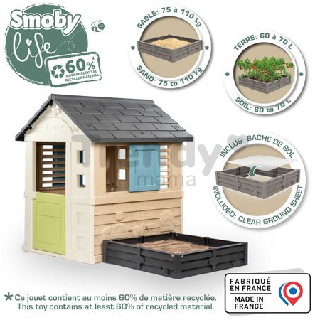 Domček s pieskoviskom a záhradkou 2v1 Square Playhouse Life Smoby rozšíriteľný 3 okná s 2 žalúziami a okenicami s UV filtrom od 24 mes - model 2025
