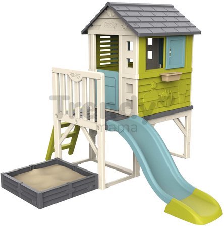 Domček na pilieroch s pieskoviskom záhradkou Square Playhouse on Stilts Smoby a 1,5 m šmykľavka s rebríkom UV filter od 24 mes