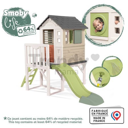 Domček na pilieroch s 1,5 m šmykľavkou s vodotryskom House On Stilts Life Smoby rozšíriteľný s rebríkom a 2 okná s okenicami a UV filtrom od 24 mes - 