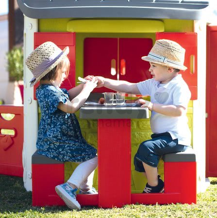 Piknik stôl s lavicami k domčekom Smoby s možnosťou upevnenia slnečníka s UV filtrom