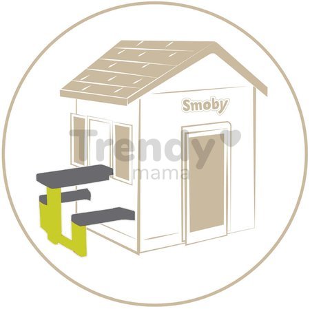 Piknikový stôl s dvoma lavicami k domčekom Smoby s možnosťou upevnenia slnečníka a spoločenskej hry s UV fitrom od 24 mes