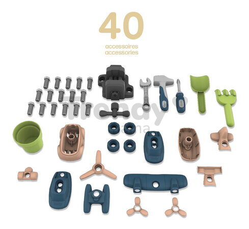 Pracovná dielňa s 39 doplnkami k domčekom Smoby Garden Workshop so stavebnicou auta a pracovným náradím od 24 mes