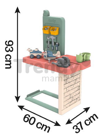 Pracovná dielňa s 39 doplnkami k domčekom Smoby Garden Workshop so stavebnicou auta a pracovným náradím od 24 mes