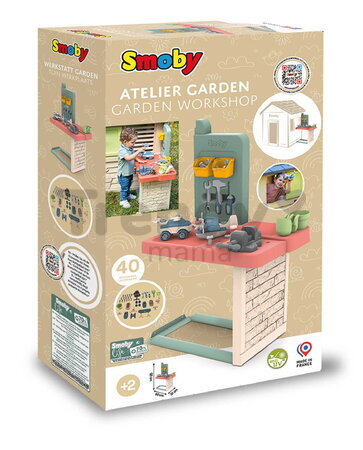 Pracovná dielňa s 39 doplnkami k domčekom Smoby Garden Workshop so stavebnicou auta a pracovným náradím od 24 mes